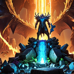 ** A triumphant Lost Ark character, clad in glowing Legendary Abyss gear, standing atop a pile of defeated monsters, with various crafting materials (ores, plants, monster parts) scattered around. Focus on a bright, heroic color palette.

**
