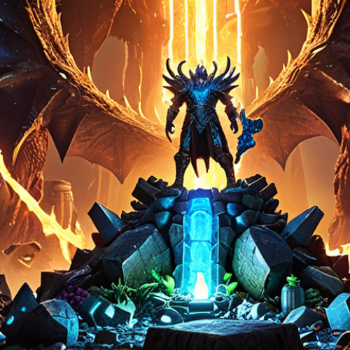 ** A triumphant Lost Ark character, clad in glowing Legendary Abyss gear, standing atop a pile of defeated monsters, with various crafting materials (ores, plants, monster parts) scattered around. Focus on a bright, heroic color palette.

**