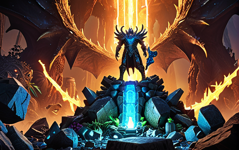 ** A triumphant Lost Ark character, clad in glowing Legendary Abyss gear, standing atop a pile of defeated monsters, with various crafting materials (ores, plants, monster parts) scattered around. Focus on a bright, heroic color palette.
**